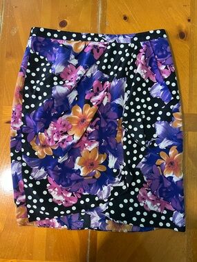 Floral Polka Dot Pencil Skirt in Black with Purple & Pink Accents
